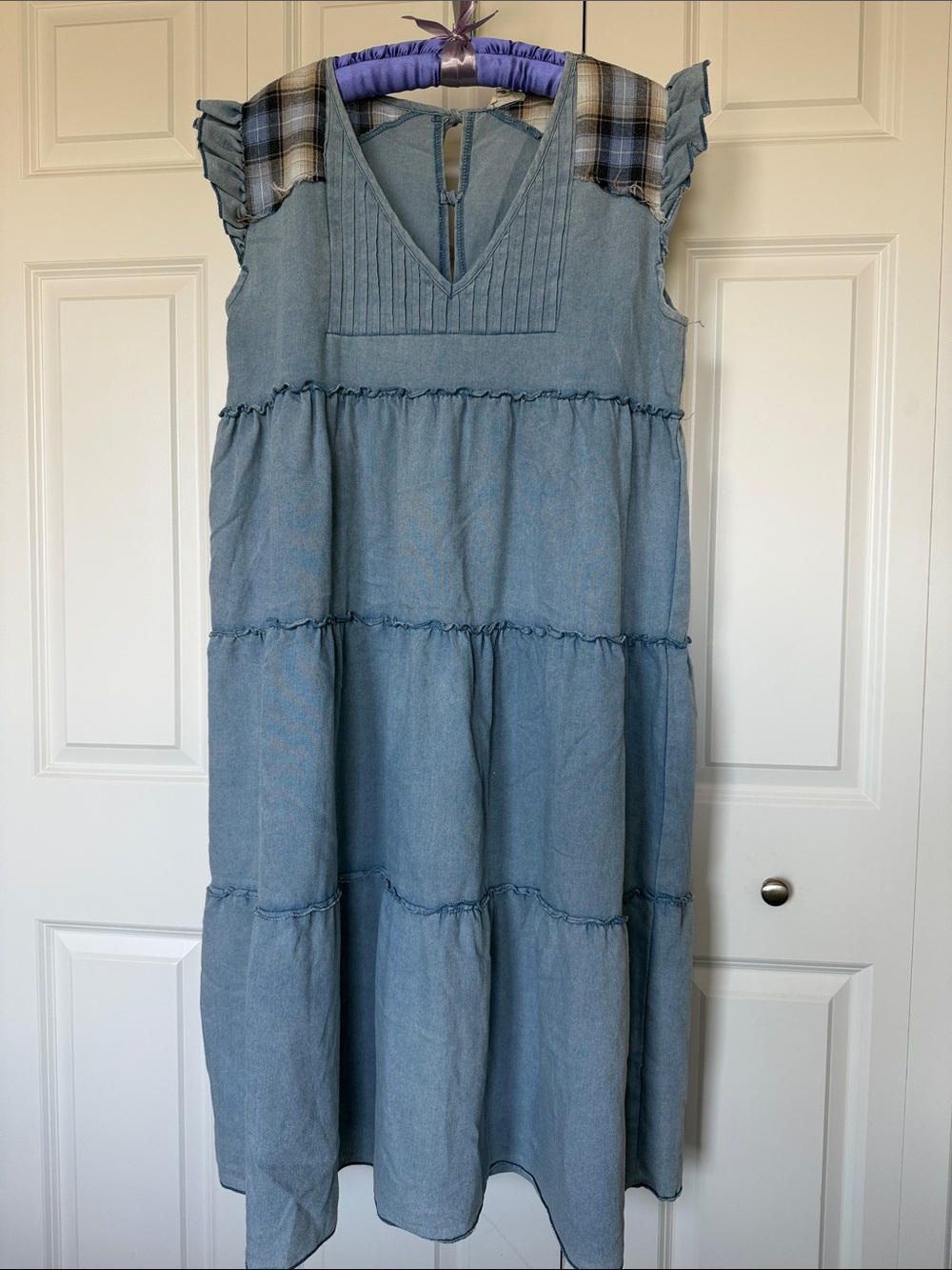 POL Light Blue Tiered Midi Dress with Plaid Ruffle Sleeves